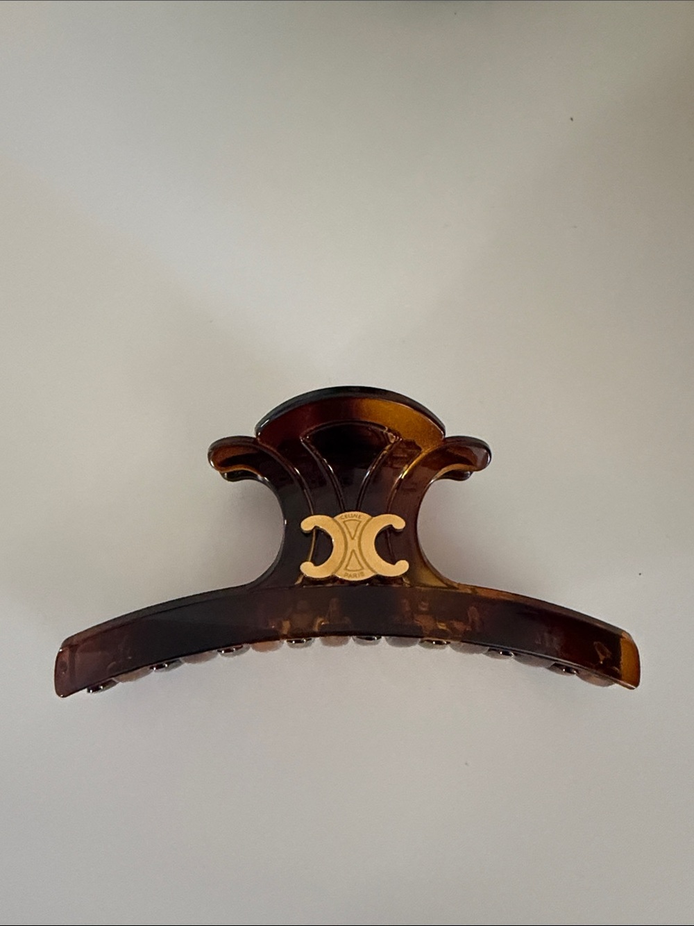 Celine style Brown Tortoiseshell Hair Claw with Gold Emblem